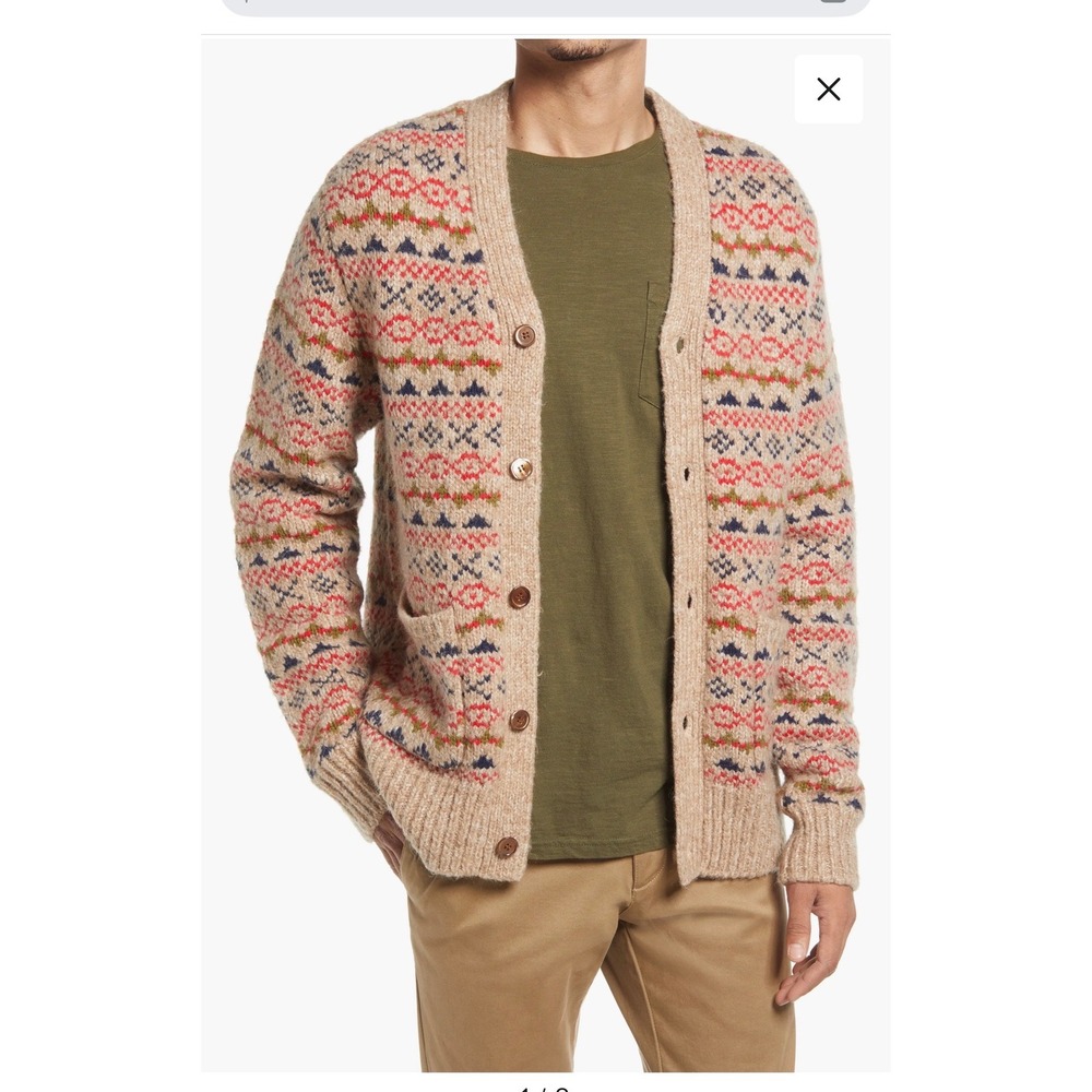 Alex Mill Cardigan Mens L Tan Fair Isle Merino Mohair Wool Blend Button Sweater